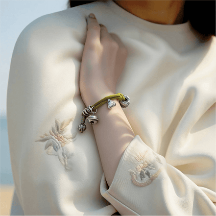 Six-Word Mantra Tibetan Bell Green Thread Bracelet – Peace & Vitality