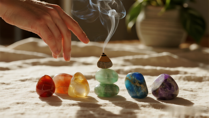 Healing stones aligned by chakra energy”]