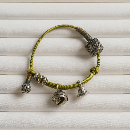 Six-Word Mantra Tibetan Bell Green Thread Bracelet – Peace & Vitality