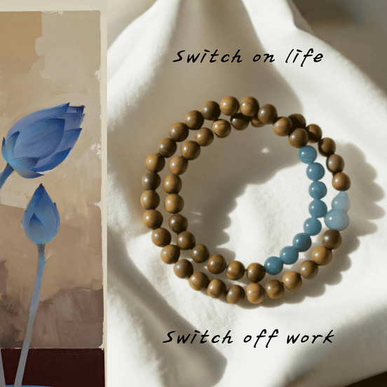 Blue Jade & Sandalwood Gourd Bracelet – Relaxation & Good Fortune