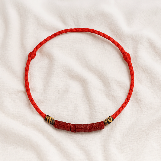Red String Mantra Bracelet – Cinnabar Beads with Six Sacred Syllables for Blessing & Clarity
