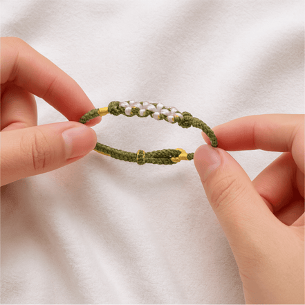 "A green thread bracelet with white pearl-knot detailing and gold accents, held by two hands over a soft cream fabric background, symbolizing workday focus and daily motivation."