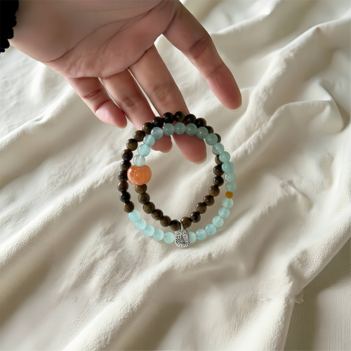 Green Sandalwood and Dongling Jade double-layer bracelet with vintage charm, designed for off mode relaxation and inviting success energy.