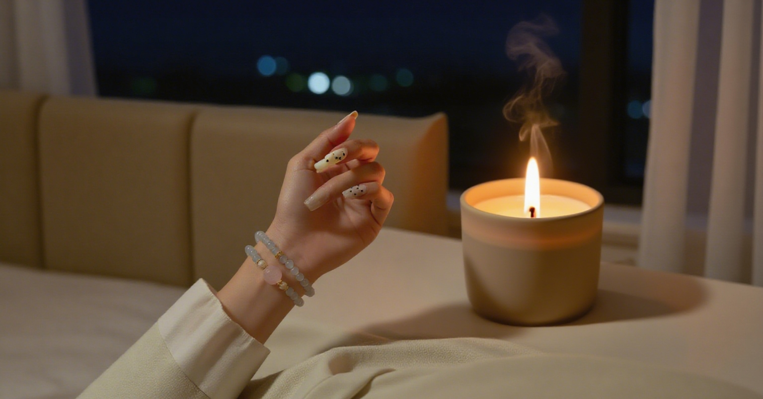 A woman's hand wearing calming gemstone bracelets rests on a bed beside a softly glowing candle at night, evoking a peaceful sleep ritual atmosphere.